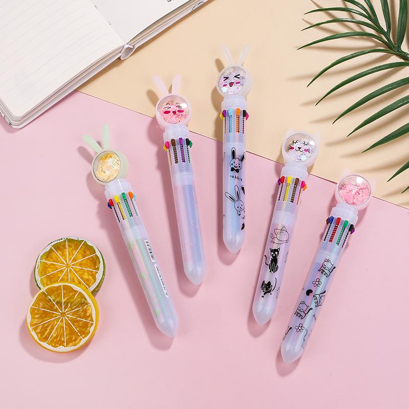 Korean 10-Color Glitter Rabbit & Cat Ballpoint Pen Set - Multifunctional & Transparent for Journaling