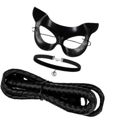 Masque pour visage de chat, Ensemble collier à grelots et fouet, Accessoires de costumes de chat noir pour femmes, filles, Fête d'Halloween, Costumes Cosplay
