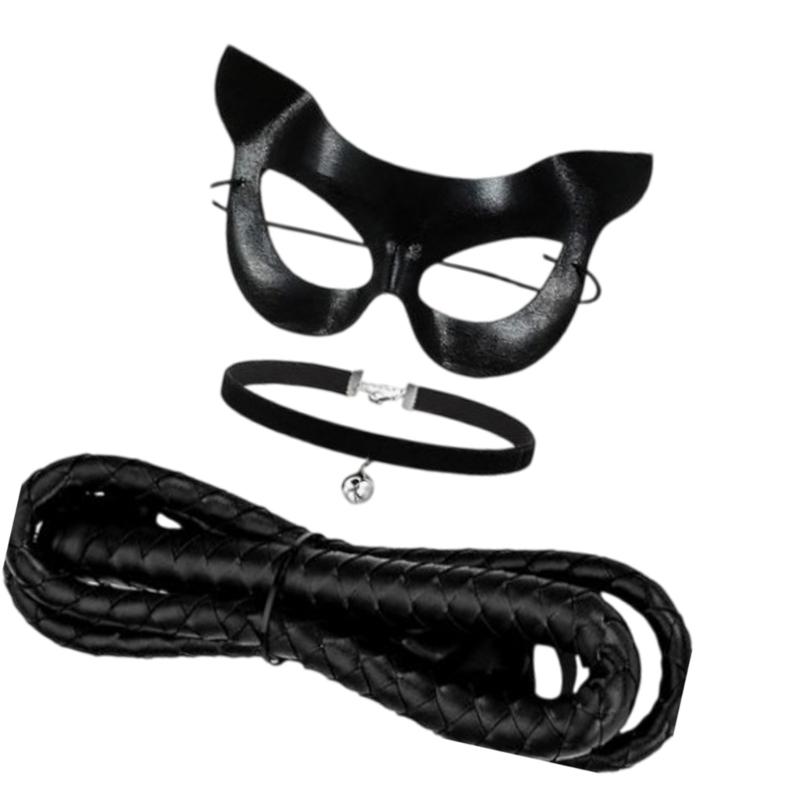 Máscara Facial de Gato Set de Collar con Cascabeles Látigo, Accesorios de Disfraces de Gato Negro para Mujeres Niñas Fiesta de Halloween Disfraces Cosplay
