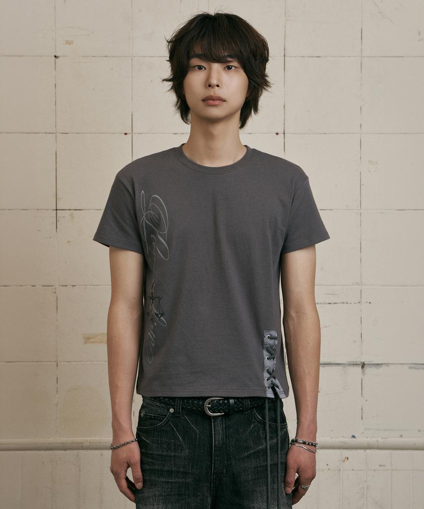 LANARCHIVE [0137] Side Lettering Rope Short Sleeve T-Shirt - Charcoal