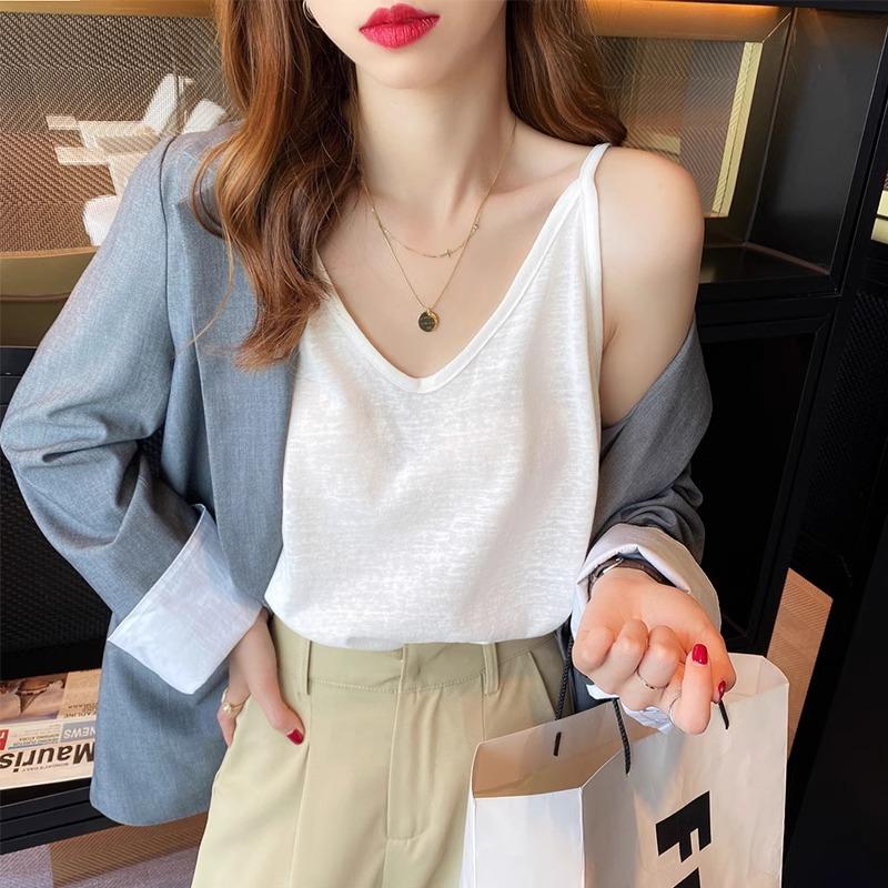 Women's Sleeveless Camisole V Neck Business Casual Tank Top Solid Color Cotton Fabric Thin See Through Inner Layering Shirt For Summer Daily Wear