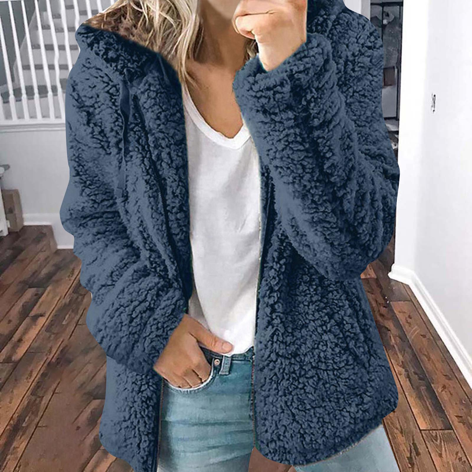 

Жіноче зимове, осіннє тонке пальто, повсякденне однотонне пальто з капюшоном, однотонним поясом, кишенею і шнурком, з капюшоном, штучним плюшем і блискавкою, довгим рукавом. Жіноче пальто M синій