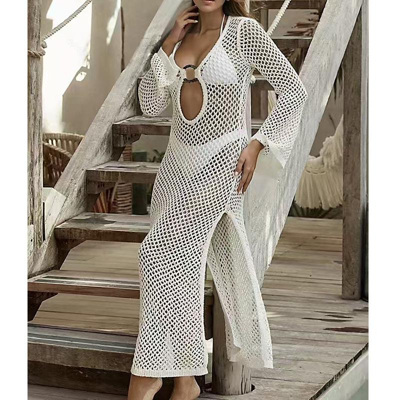 O Rochie de Plajă Decupată Nouă și la Modă, Haine de Protecție Solară cu Mânecă Lungă Uni și O Rochie Tricotată Sexy cu Fendă Laterală