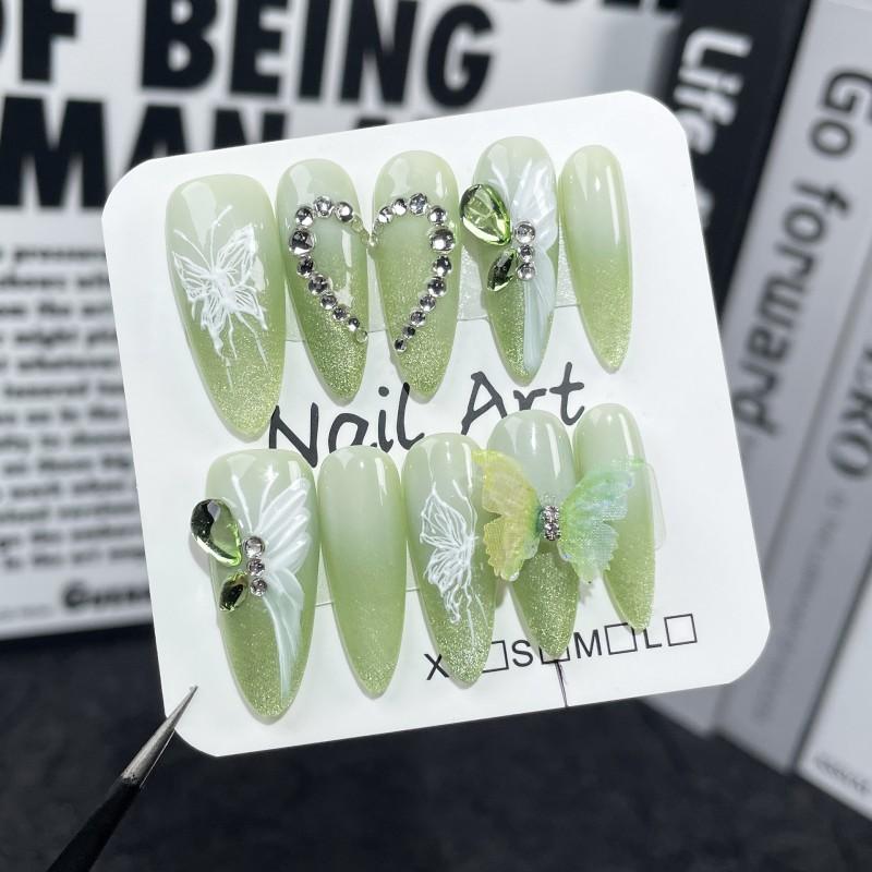 Handmade Press-On Nails With 3D Butterfly Gradient Design Medium-Length Acrylic Nail Tips Women Extra Small