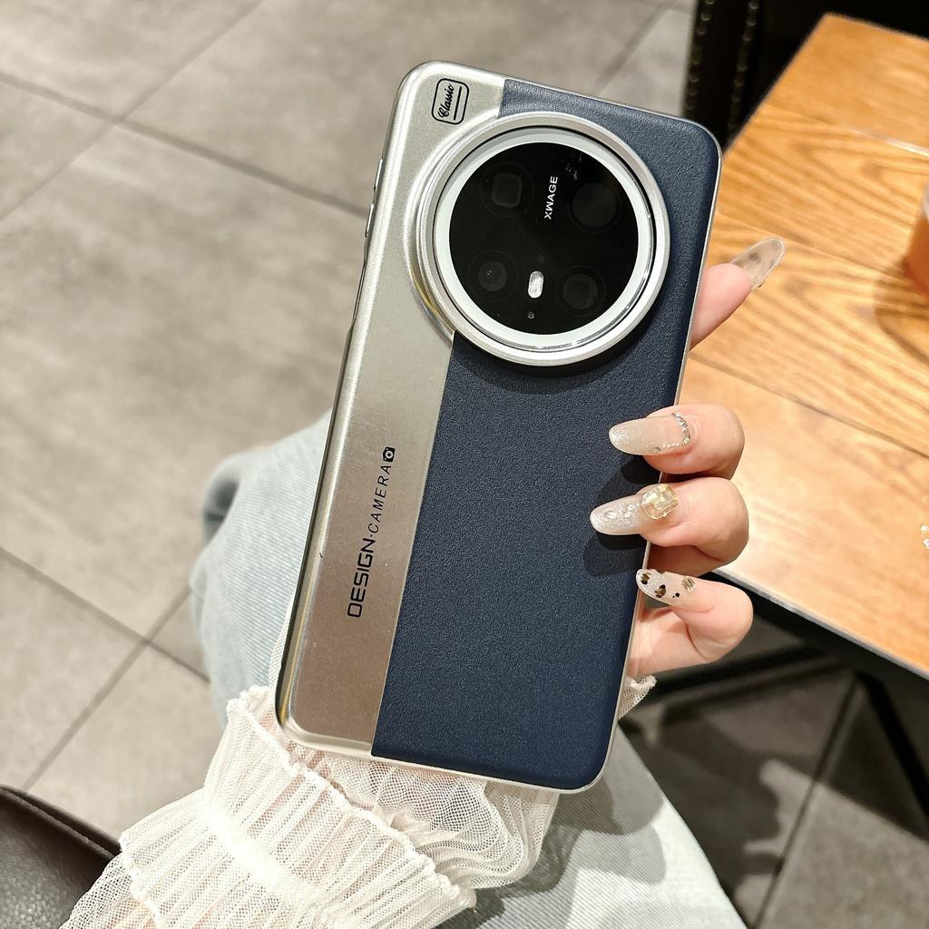 Business applicable Huawei Mate70Pro mobile phone case splicing plain leather camera Mate60Pro electroplating protective case