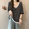 T-shirt Women Cotton Summer Casual Large Size Loose Stripe Round Neck Pullover Short-sleeved Tops
