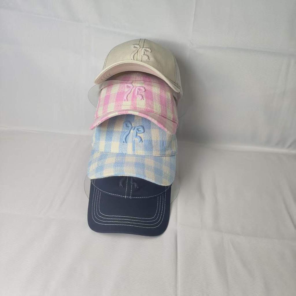 Plaid curved brim cap children's three-dimensional embroidery bow bright line design soft top big head sunshade baseball cap women