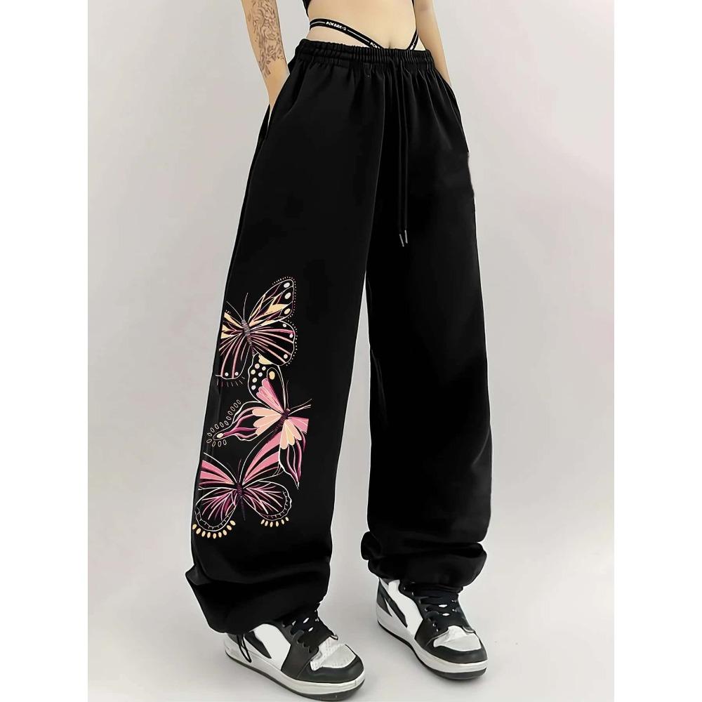 Summer Gothic Style Black Loose Butterfly Print Versatile Street Fashion Men's and Women's Pants
