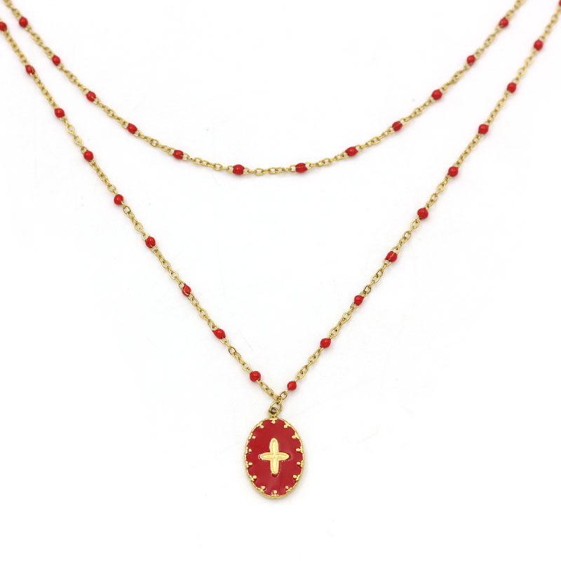 Elegant Double-Layer Enamel Pendant Necklace - Stainless Steel, Colorfast Clavicle Chain for Women. красный
