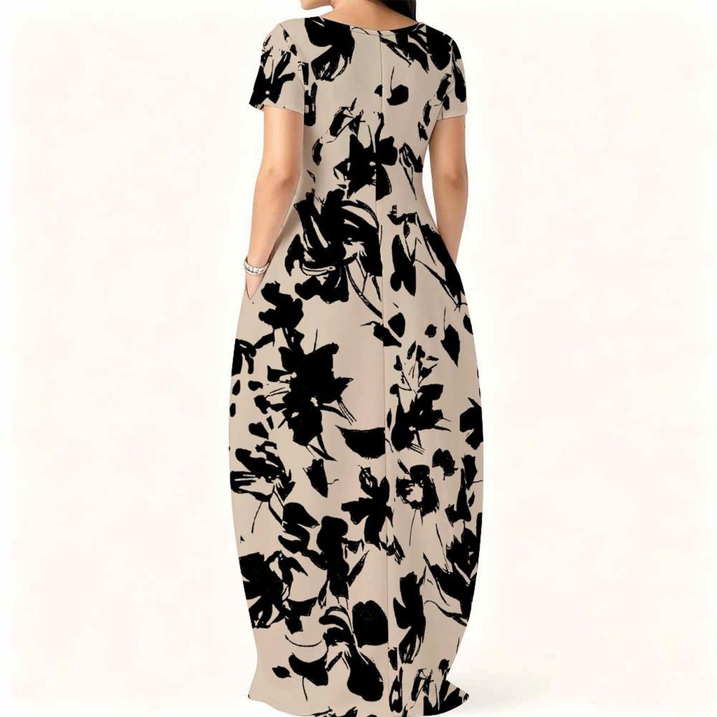 Women Loose Fitting Round Neck Dress Short Sleeve Plus Size Apparel For Summer Casual Daily Activities