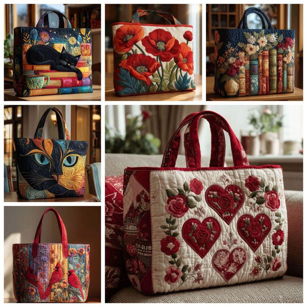 Neue gesteppte Tragetasche mit Katzenmuster Floraler Aufdruck Große Kapazität Schulter-Tragetasche Langlebige 3D-Schultertasche