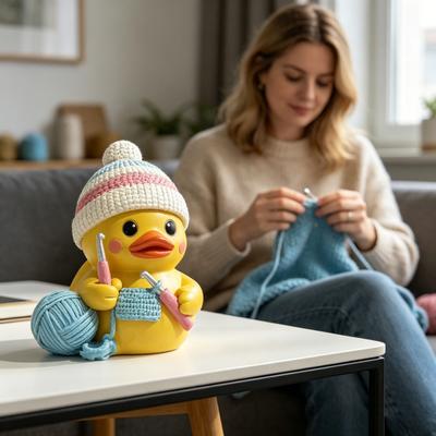Funny Duck Figurine Small Resin Crocheting Duck Statue Collectible Tabletop Ornament for Desk Bookshelf Car Dashboard Decor