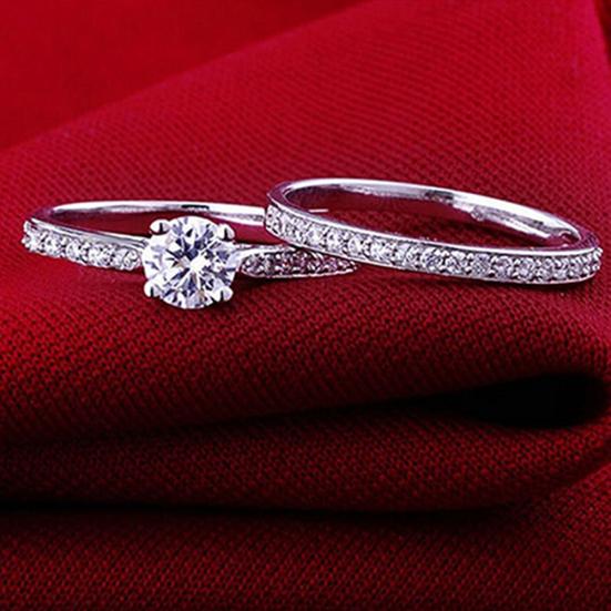 Women Engagement Wedding 2Pcs Ring Set Cubic Zirconia White Silver Plated Rings