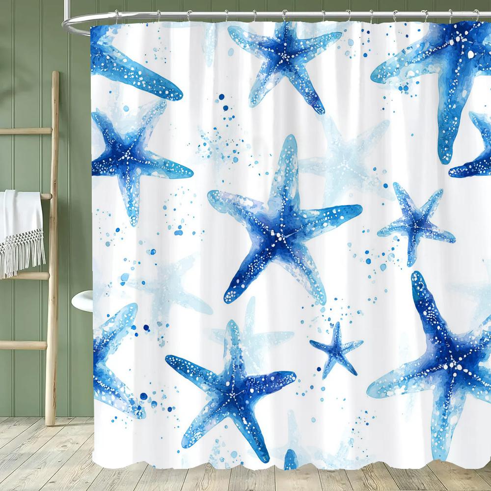 Cute Cartoon Ocean, Starfish, Shells Dolphin Printed Shower Curtain With Hooks, Bathroom Curtain, Bathroom Decor Window Curtain