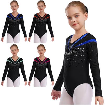 Kids Girls Dance Training Leotard: Slim Fit Long Sleeve V-Neck with Shiny Rhinestones, Perfect for Ballet Practice & Competition