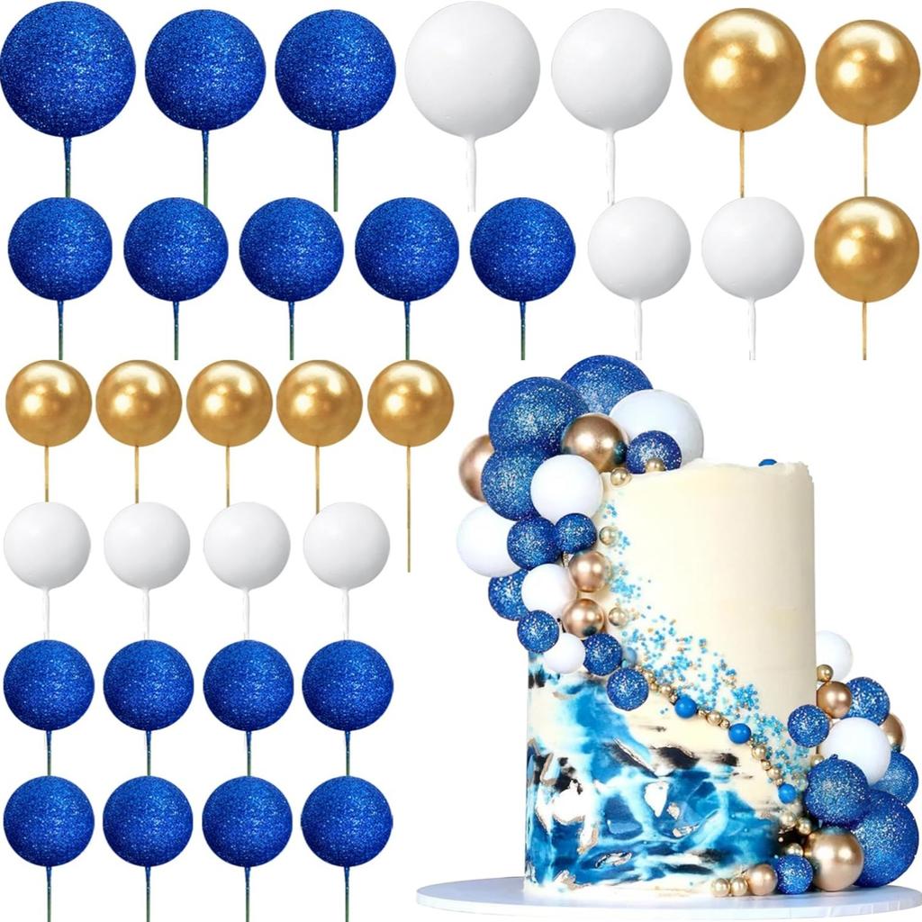 32Pcs Blue Ball Cake Topper Decorations Mini Balloons Cake Topper Sticks Foam Balls Cake Picks Cake Topper Balls Cake Decor
