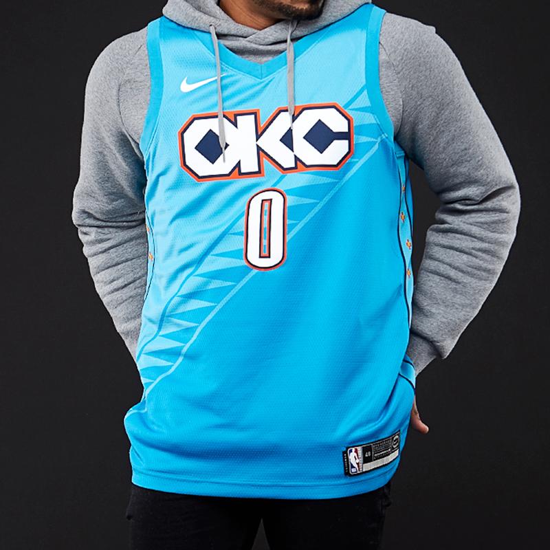 Nike NBA 18-19 Russell Westbrook City Edition Jersey Thunder No. 0 Men Jerseys Blue AJ4632-445