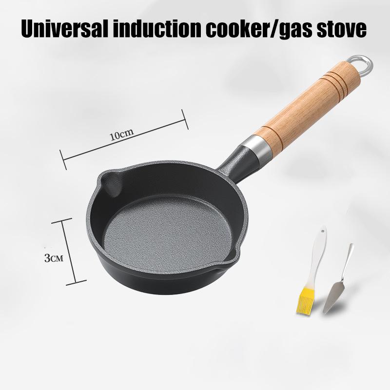Thickened Cast Iron Mini Egg Frying Pan 8/10cm Double Drip-Spouts Mini Cooking Pot Uncoated Wooden Handle Non Stick Frying Pan