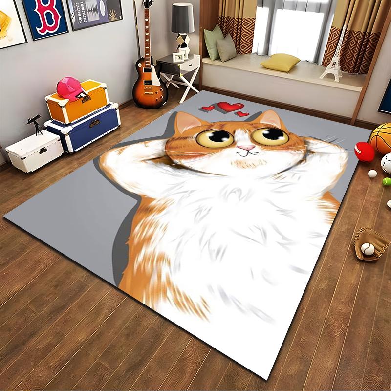 Cute Cartoon Cat Rug with Big Eyes and Hearts, Gray Background Carpet Suitable for Use As an Anti-slip for Living Room Bedroom Sofas