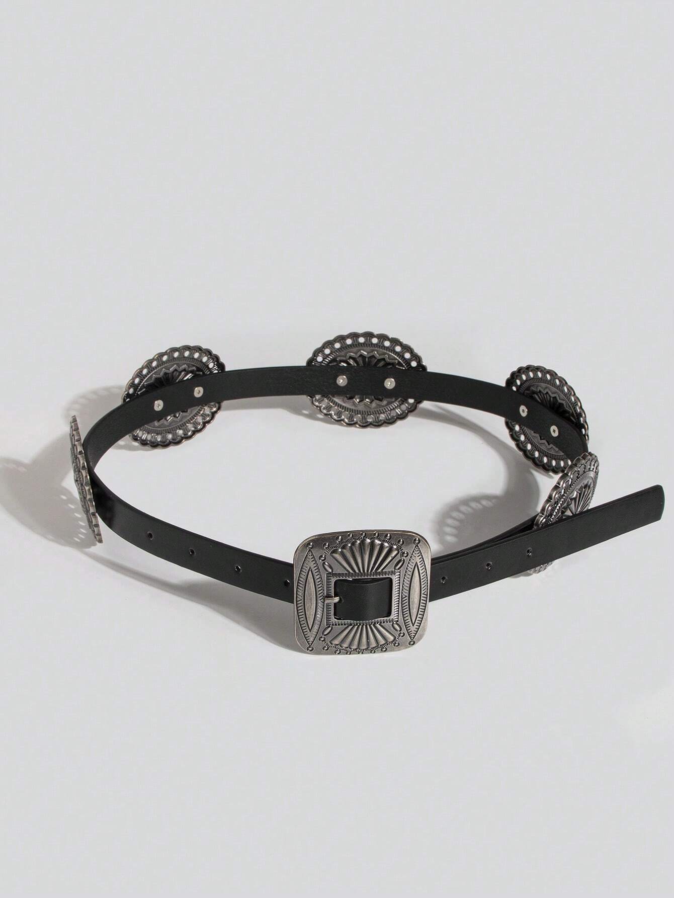 1Pc Western Cowboy Concho Belt, Vintage Silver Carved PU Leather Punk Belt For Halloween чёрный