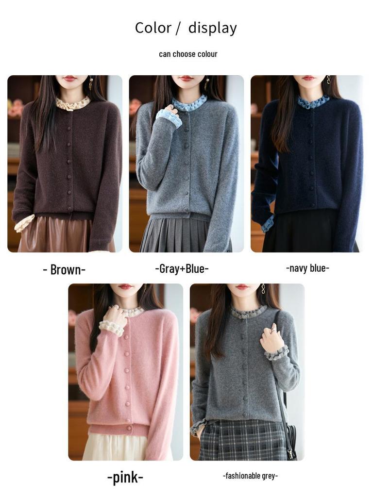 Women's Stylish Color Block Lace Knit Cardigan Sweater with Wood Ear Details and Button Closure for Fall and Winter
