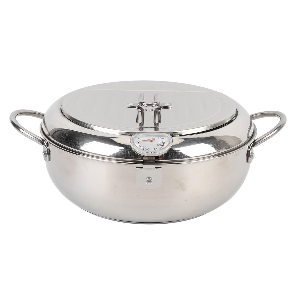 Stainless Steel Fryer Pot with Thermometer Lid Oil Drip Drainer Rack Multifunctional Deep Frying