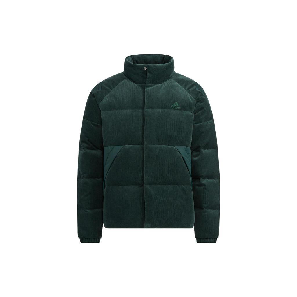 Adidas Cord Down Jacket With Solid Color Print Logo And Zipper Stand Collar Men Outerwear Green HN2137