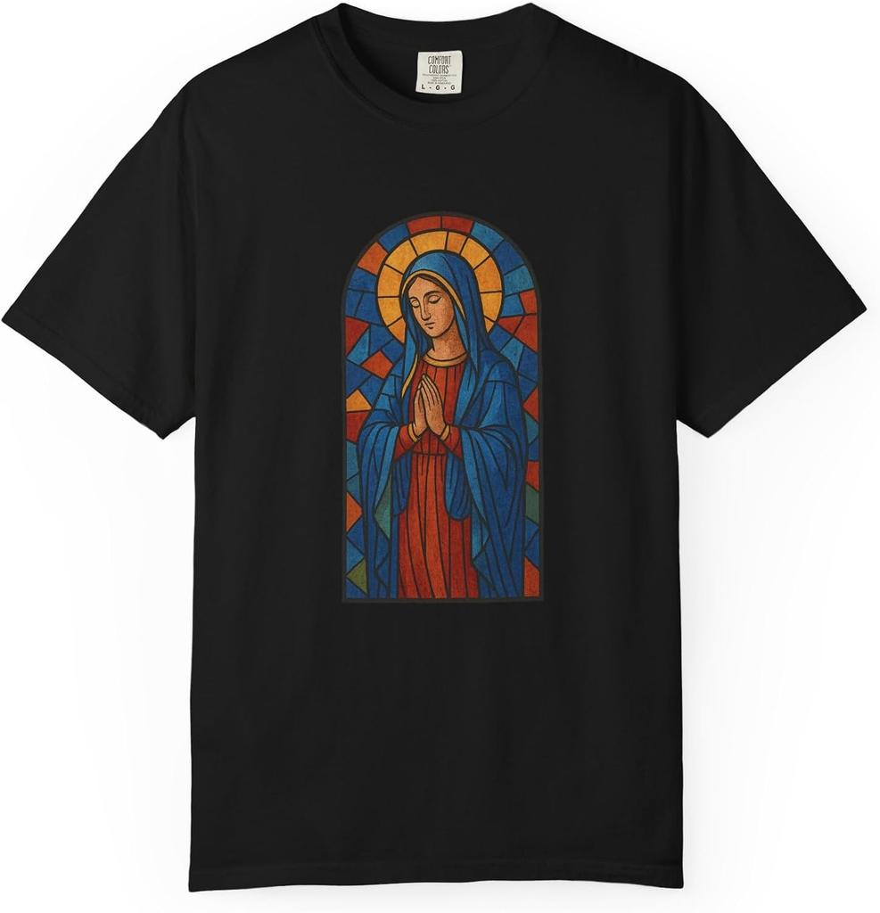 Religious Art T-Shirt – Virgin Mary Stained Glass Graphic Tee, Inspirational Christian Shirt for Men & Women, Comfort Colors