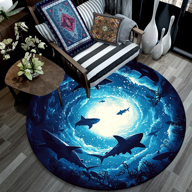 Sharks Round Area Rug,Carpet Rug for Living Room Bedroom Sofa Playroom Decor,Non-slip Floor Mat