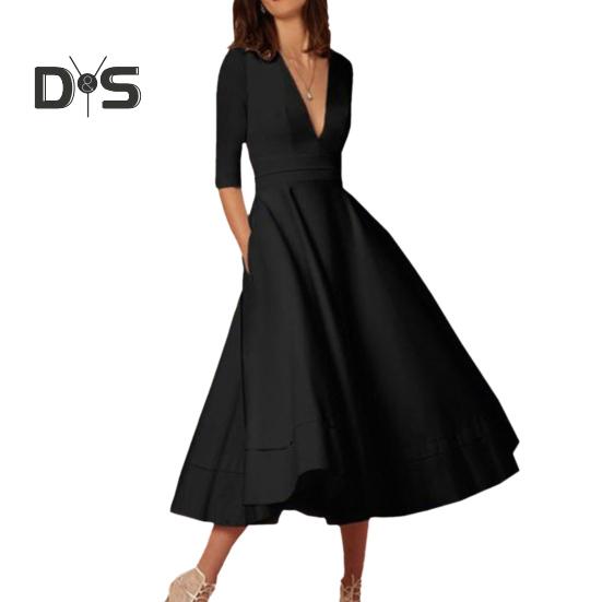 Women Midi Dress Deep V Neck A-line Flowy Hem Solid Color Half Sleeves Pure Color Dating Dress Prom Party Banquet Evening Dress