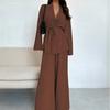 Damen 2-teiliges passendes Set Langarm-Oberteil mit Gürtel Weitbeinige Hose Business Casual Set Outfit
