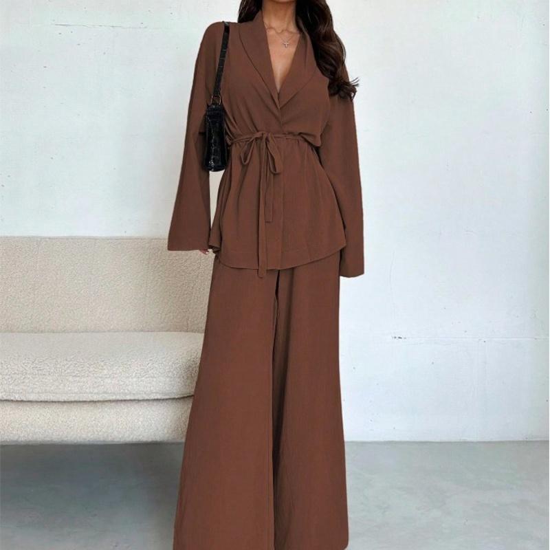 Damen 2-teiliges passendes Set Langarm-Oberteil mit Gürtel Weitbeinige Hose Business Casual Set Outfit
