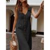 Sommer Damen Revers V-Ausschnitt Hemdkleid Ärmellos Einreihig Taschen Unifarben Midi Kleid Streetwear