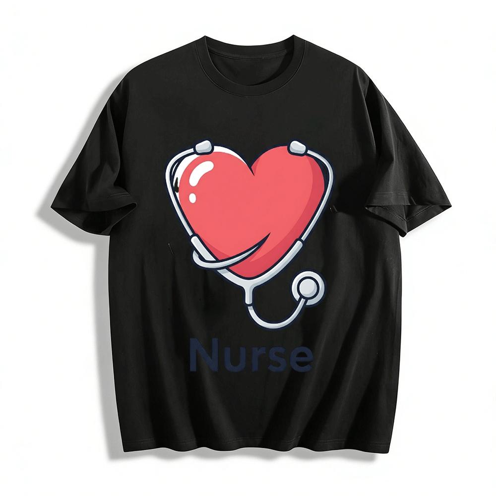 Heart Stethoscope Nurse Themed Print Casual Top Pure cotton T-shirt XXS