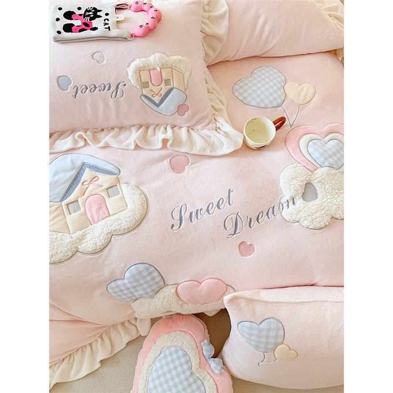 Winter Cartoon Princess Milk Velvet Bedding Set - Coral Fleece, Warm, Four-Piece for Girls