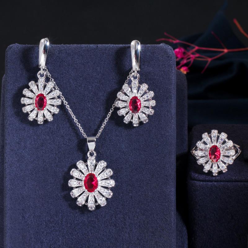 WWJ Korean Design Cubic Zircon Sun Flower Ring Earrings Pendant Necklace 3pcs Set