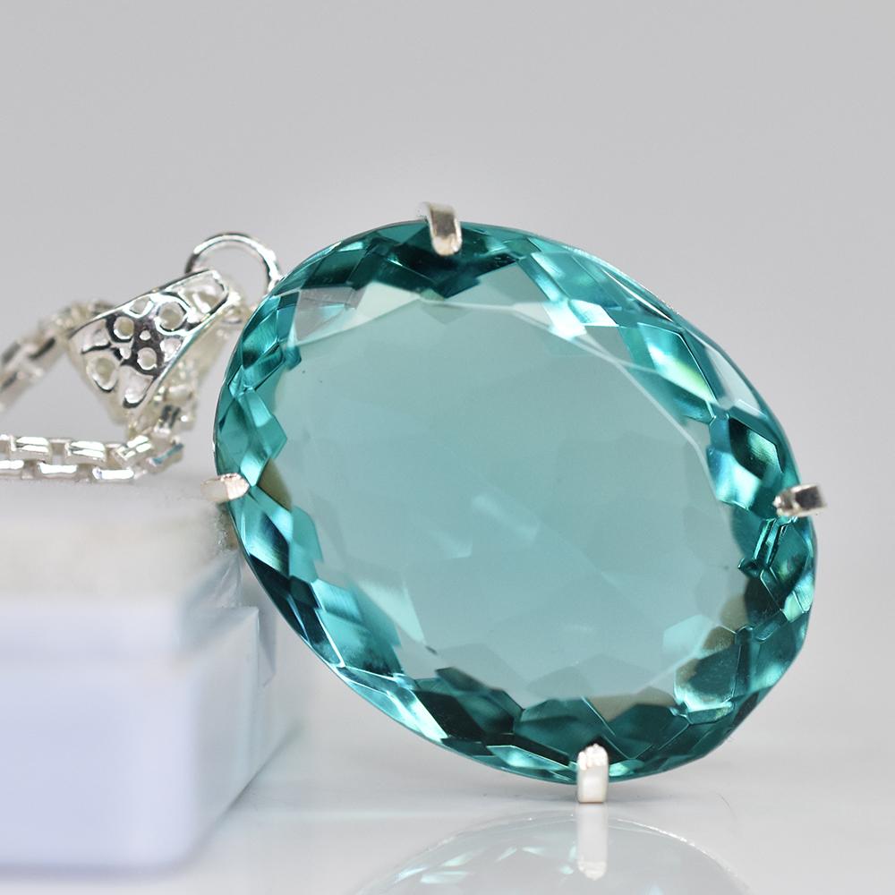 925 Sterling Silver Oval Pendant Aquamarine 137 Ct Certified Lab Created