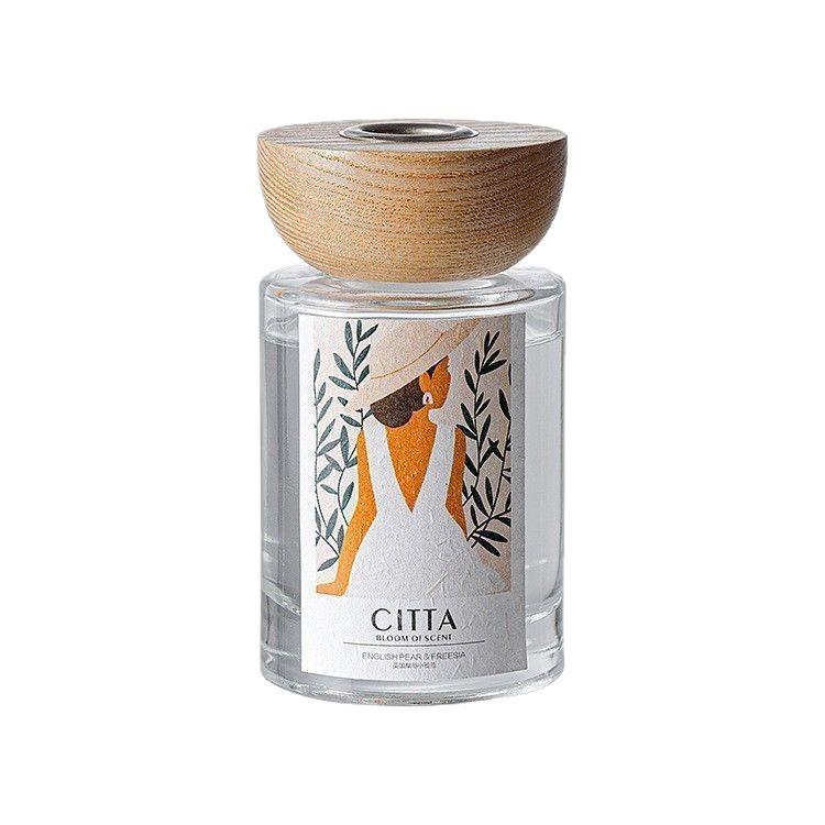 Wooden Lid Cylindrical Glass Aroma Diffuser Bottle, 120ml Flameless Car Refill, Transparent with Printing for Hotel Use.