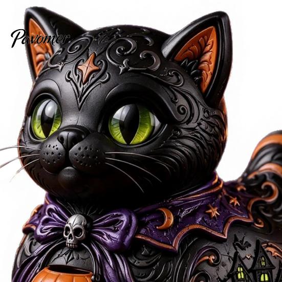 Spooky Home Accents Midnight Witches Cat Duck Figurine, Black Statue Resin Animal Ornament with Pumpkin Lantern, Halloween Decoration for Tabletop