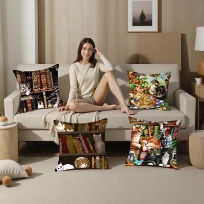 Cat In Library Painting Pillow Case Plush Fabric Soft Pillowcase Double Sided Print Cushion Cover Household Gifts