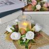 Artificial Rose Candle Ring Fake Rose Wreath with Maple Leaves Pillar Candle Wreath Table Centerpieces for Home Candlelight Dinner Wedding Party Decor