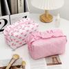 Girls Cosmetic Bag with Ruffles Quilted Cute Pink Bowknot Heart Makeup Bag Soft Cosmetic Pouch Makeup Organizer for Toiletries Brushes