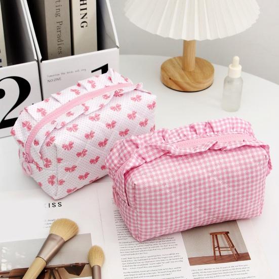 Girls Cosmetic Bag with Ruffles Quilted Cute Pink Bowknot Heart Makeup Bag Soft Cosmetic Pouch Makeup Organizer for Toiletries Brushes