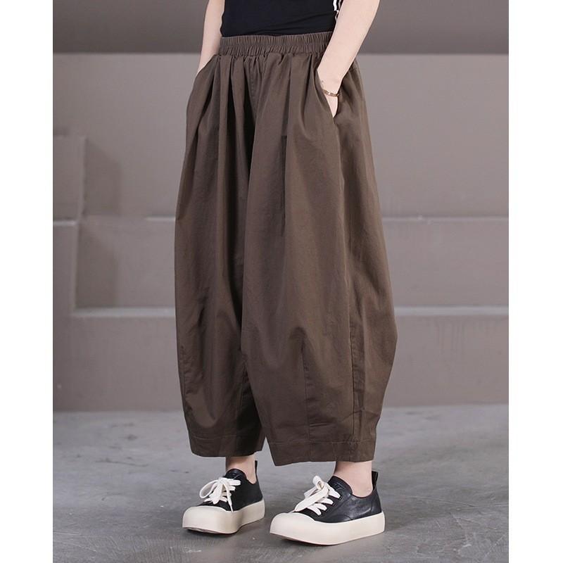 Spring and Summer 2025 New Korean Version Loose Large Size Literary Leggings Solid Color Elastic Waist Double Pocket Bloomers Women