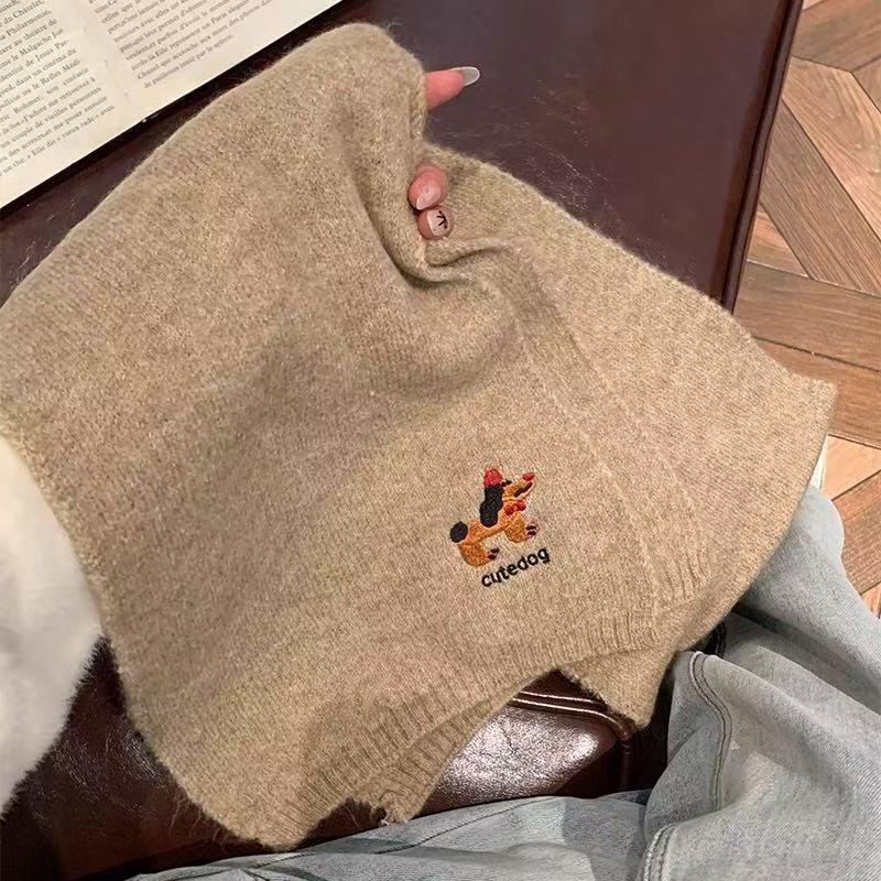Knitted Wool Scarf Women Winter Warm Cozy Dog Embroidery Style Ins Trendy Neck Wrap Student Accessory