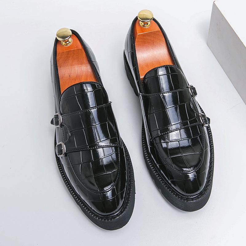 22 New Large Size Double Pin Buckle Patent Leather Glossy Thick Heel Thick Sole Heightening Hairstylist Casual Leather Shoes