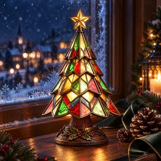 Exquisite Resin Craft Ornaments Christmas Tree Table Lamp, Stained Glass Effect LED Night Light, Colorful Desktop Holiday Decorations Bedside