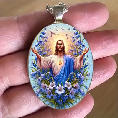 Vintage-Style Jesus Image Pendant, Jesus And Flower Glass Pendant Necklace, Fashionable Accessory, Suitable For Everyday Wear By Both Men And Women.