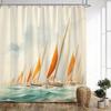 1Pc Sailboat Fleet Shower Curtain - Impressionist Watercolor Art With White Boats, Orange Sails, Calm Teal Sea & Pastel Sky,