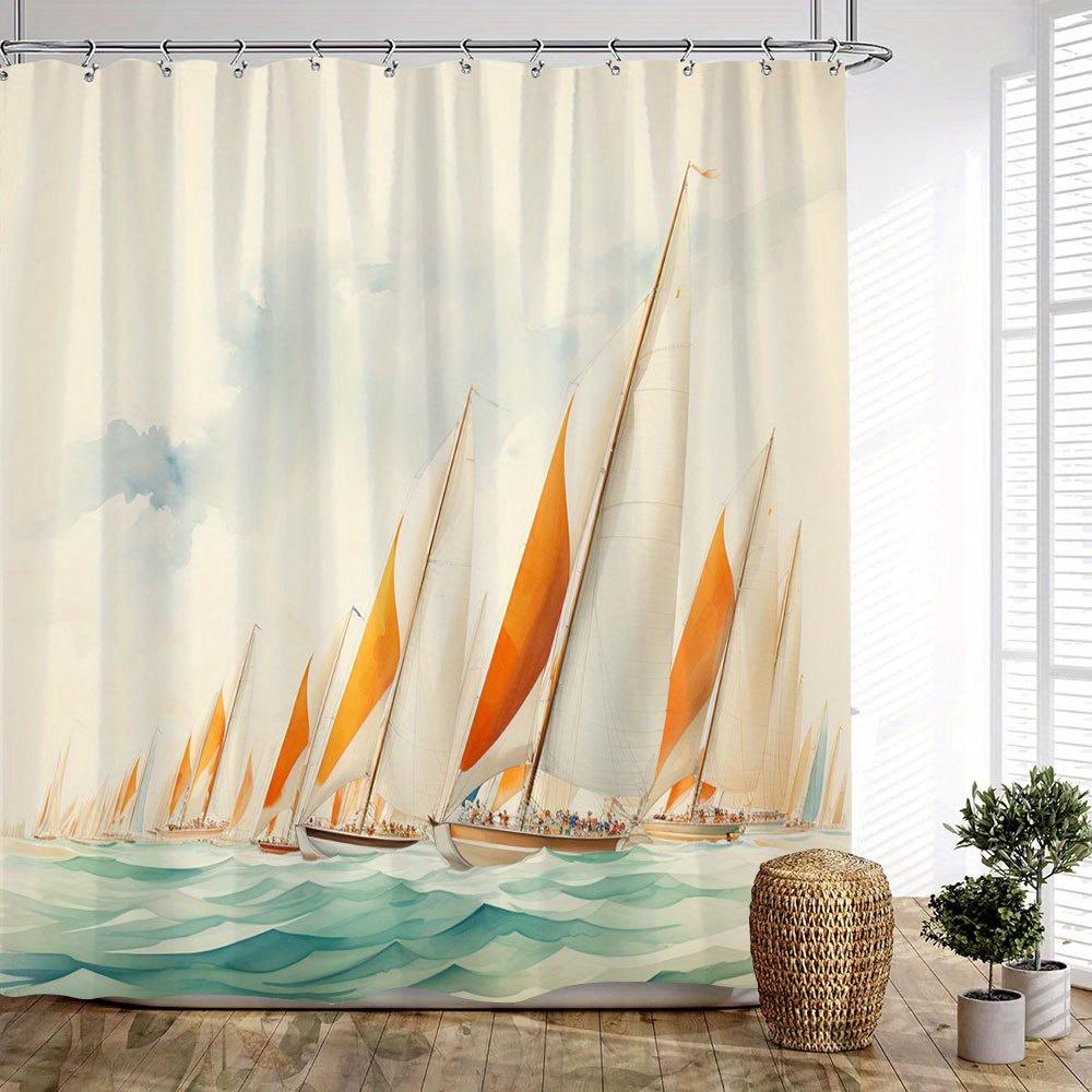 1Pc Sailboat Fleet Shower Curtain - Impressionist Watercolor Art With White Boats, Orange Sails, Calm Teal Sea & Pastel Sky,